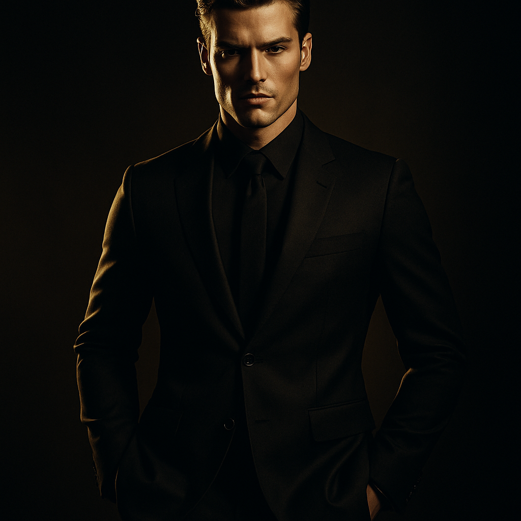 Male model in a sharp black suit, luxury fashion campaign