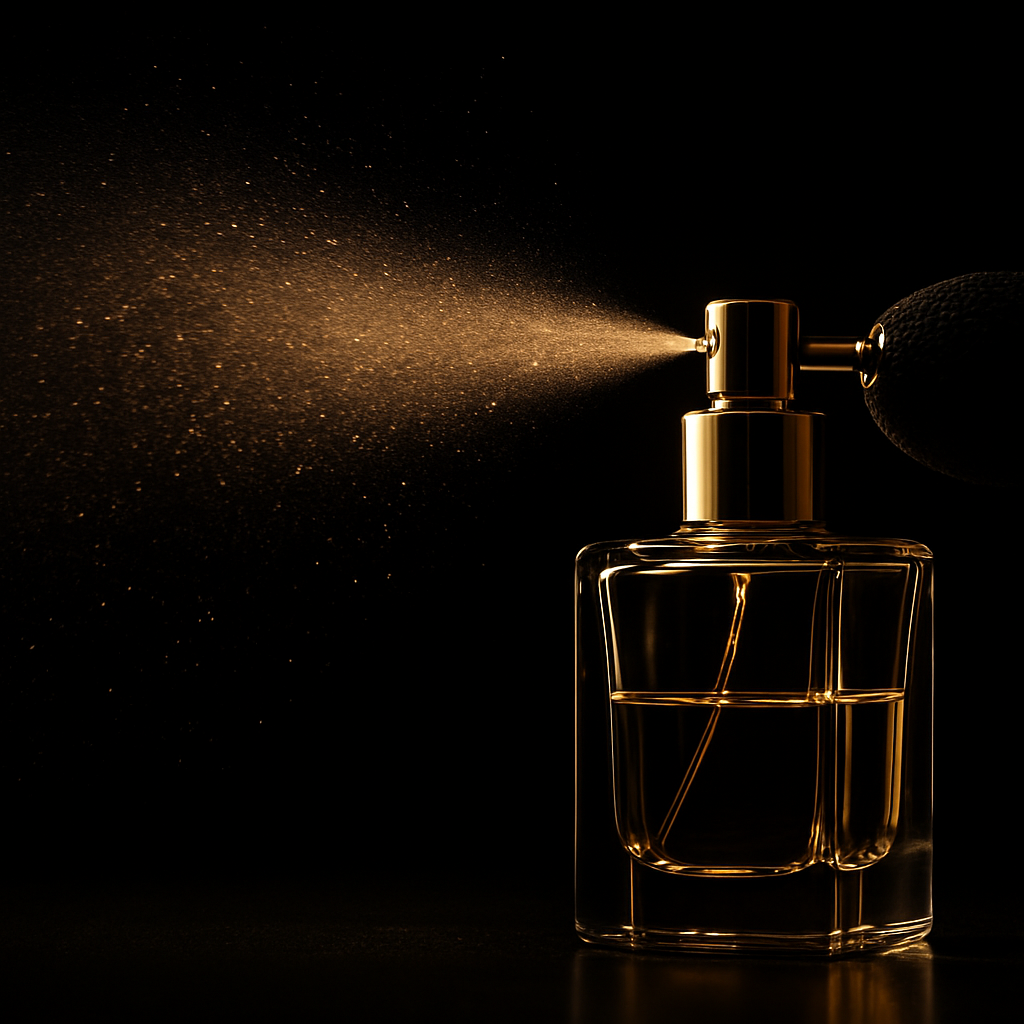 Luxury perfume sprayed in slow motion against gold light
