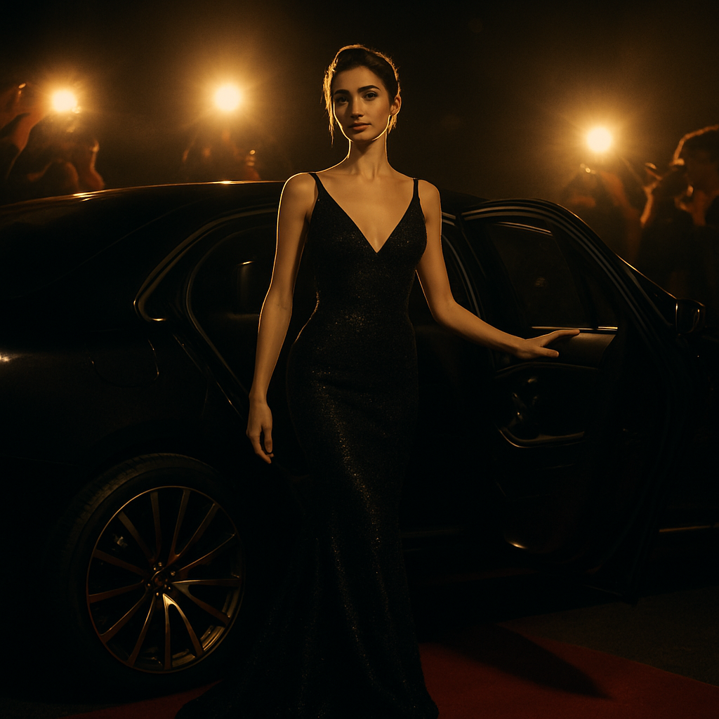 Elegant woman stepping from a luxury car amid paparazzi flashes