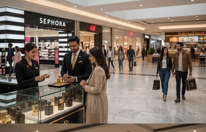 A Bolly Perfumes specialist in a black blazer presenting a fragrance card to a couple at the kiosk counter